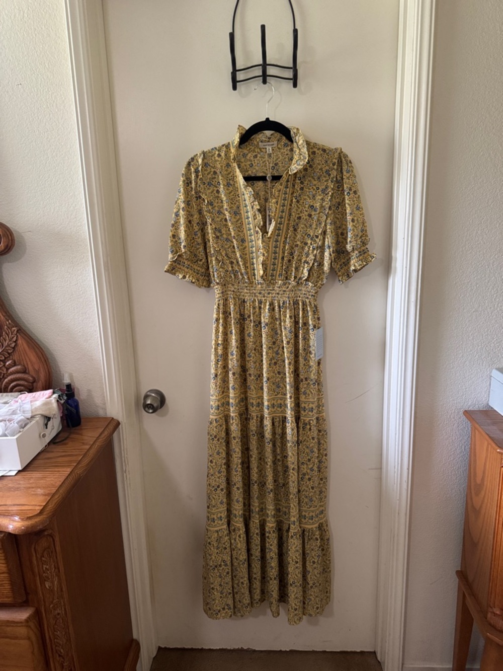 Max Studio Yellow Floral Maxi Dress with Smocked Waist size M